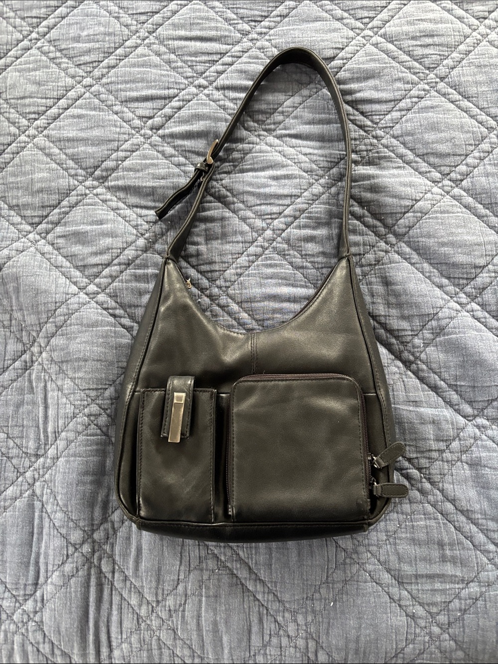 Black Leather Shoulder Bag with Front Pockets